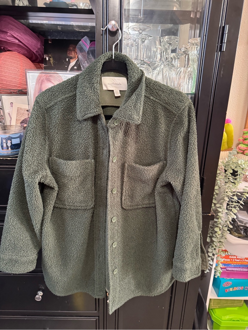EcoThreads Women's Olive Green Sherpa Shirt Jacket